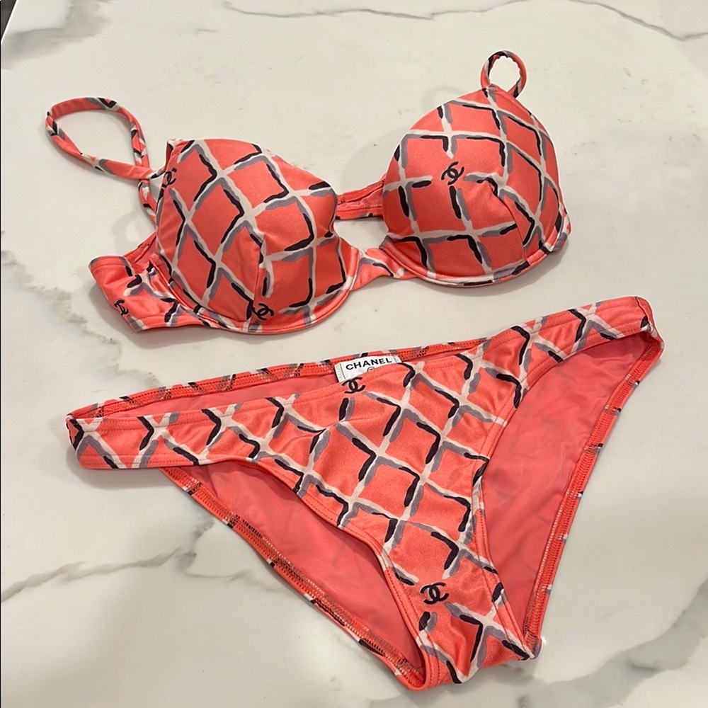 Chanel Coral/Pink Geometric Bikini Set